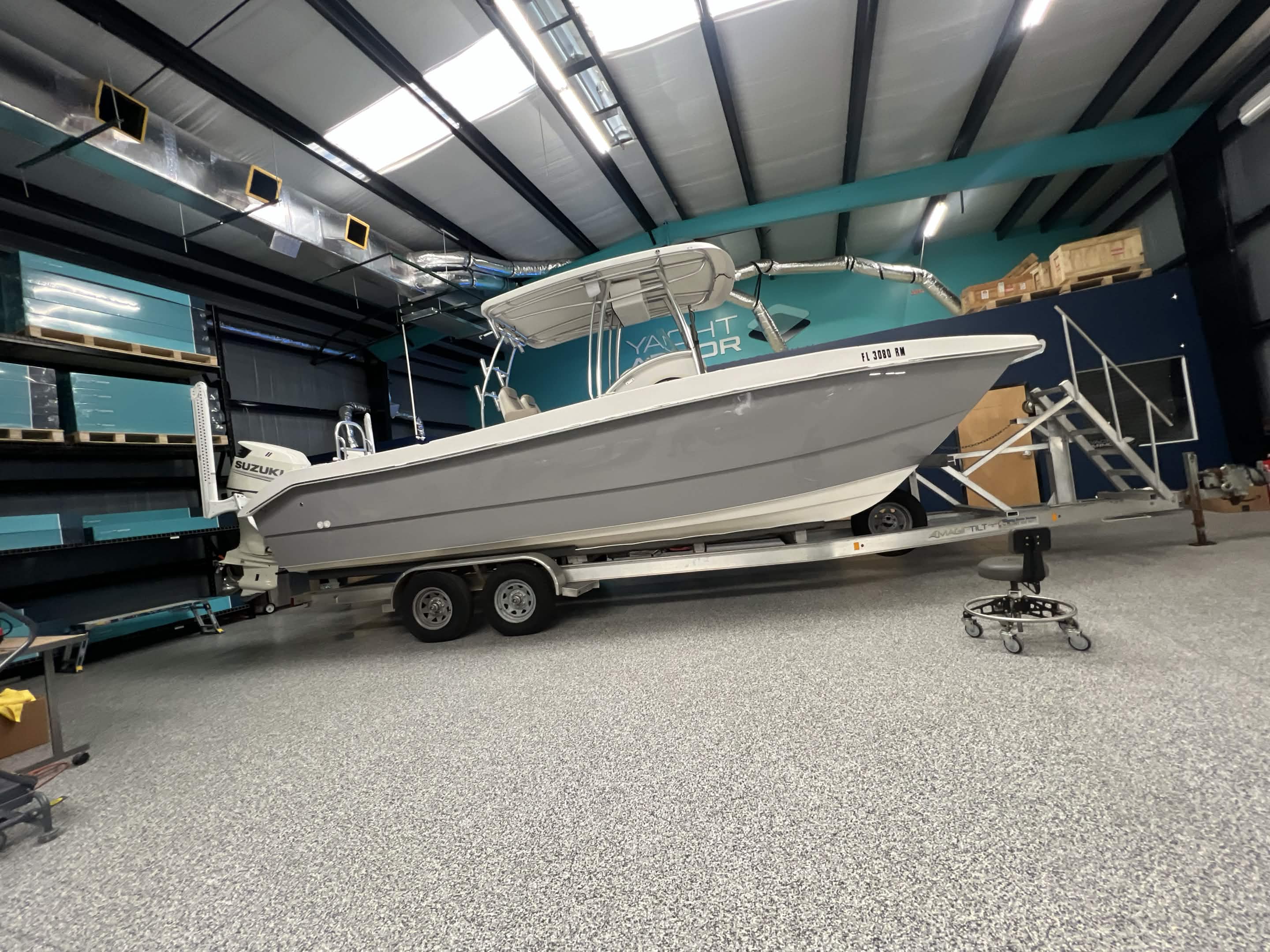 Boat hull after marine protection film in Tarpon Springs